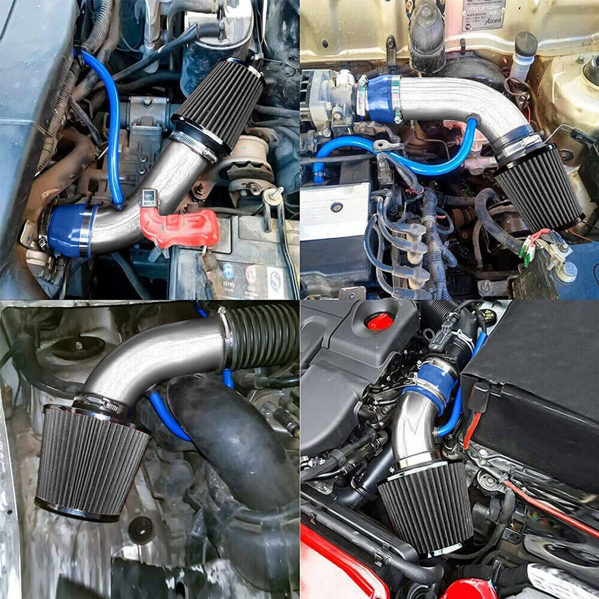 Installed cold air intake system with chrome pipes, blue hoses, and black cone filters