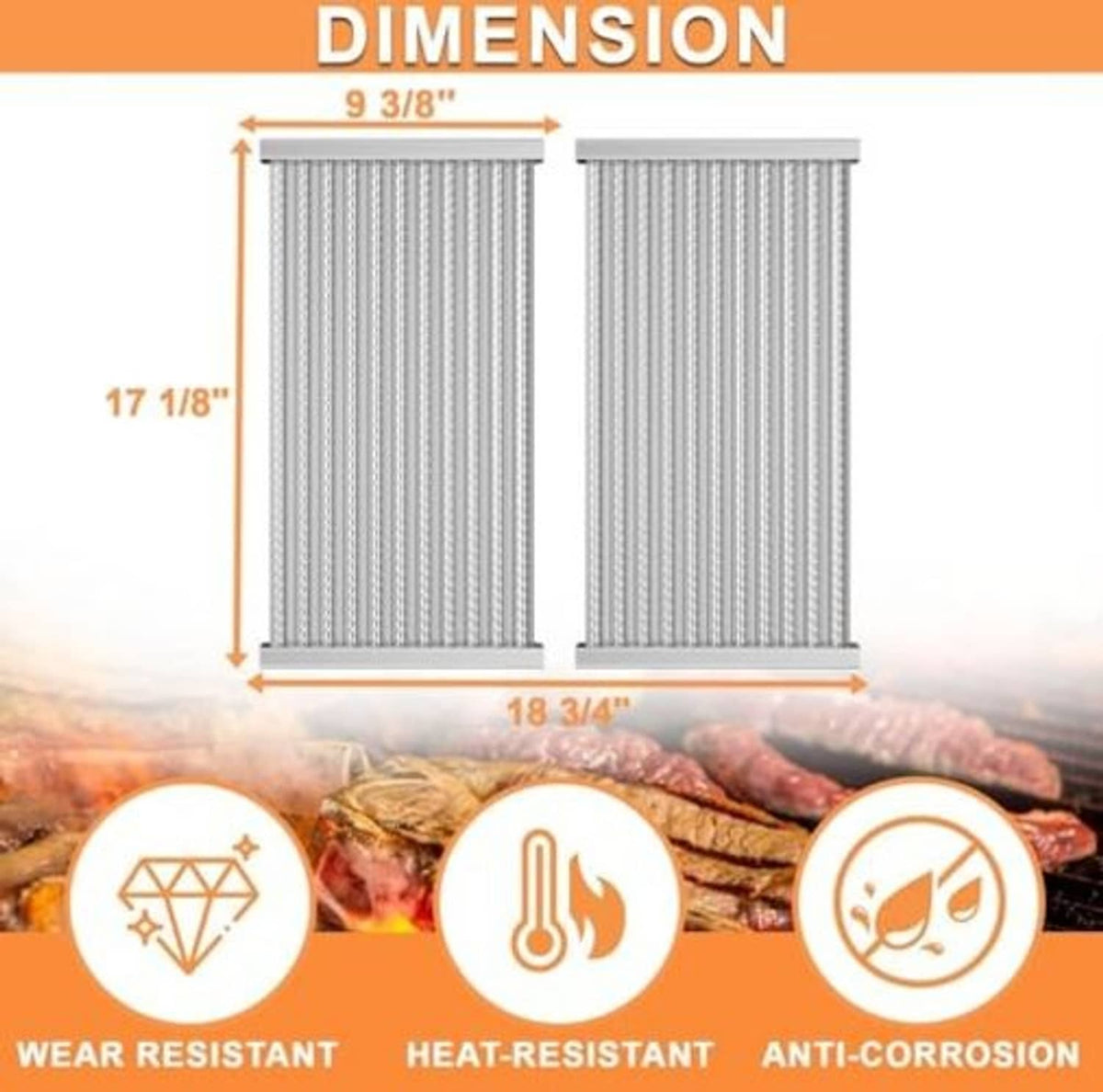 Emitter grate dimension diagram: 17 1/8 in by 9 3/8 in, wear and heat icons