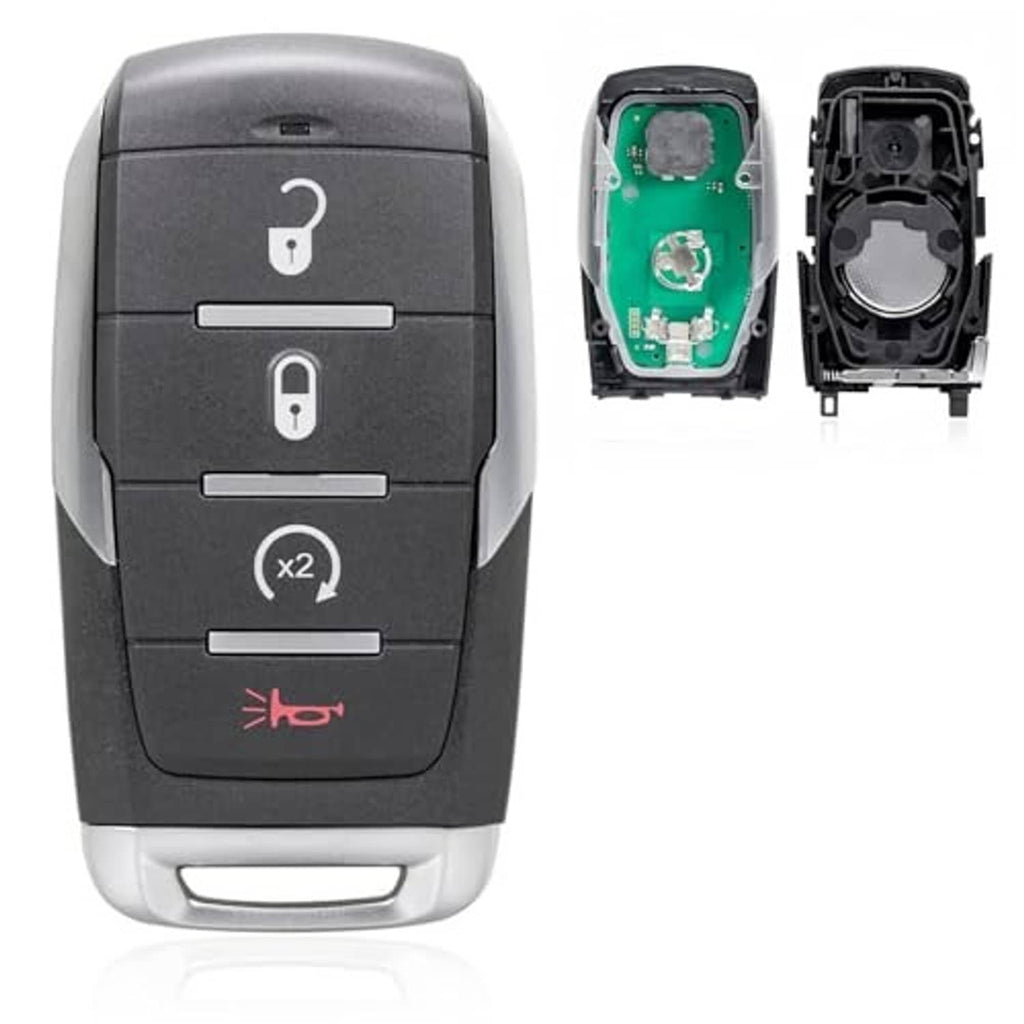 Black keyless entry remote fob with button icons; open case shows circuit board