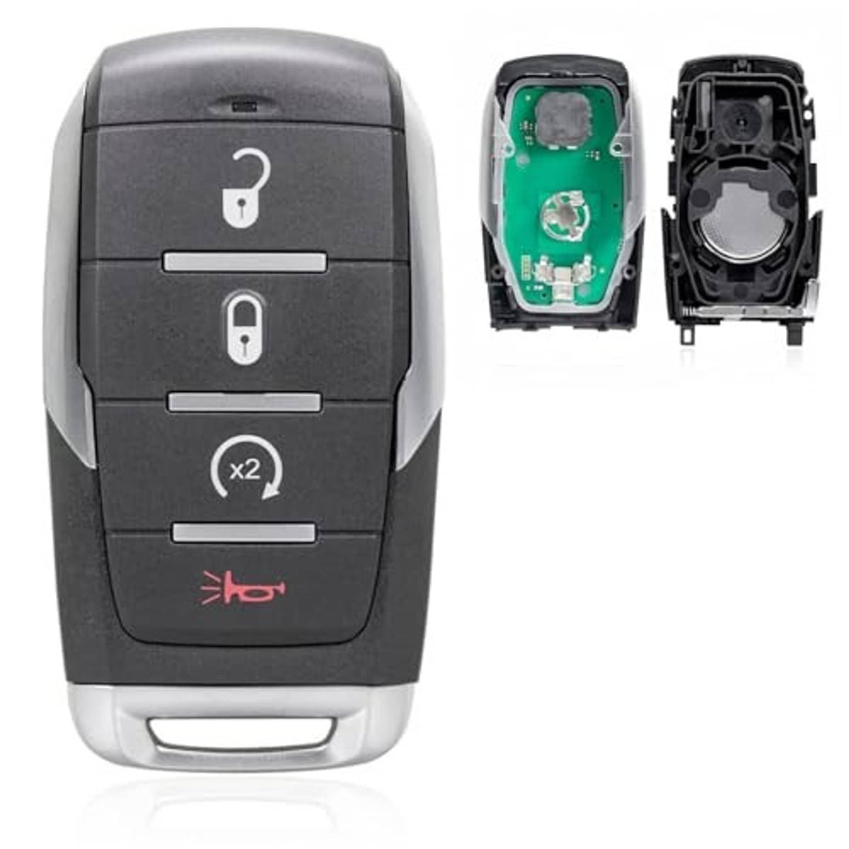 Black keyless entry remote fob with button icons; open case shows circuit board
