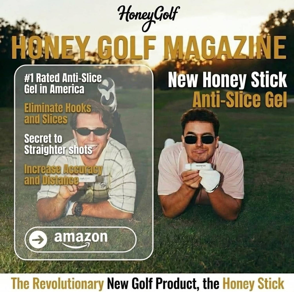 HoneyGolf magazine promo card showing HoneyStick anti-slice gel with two golfers