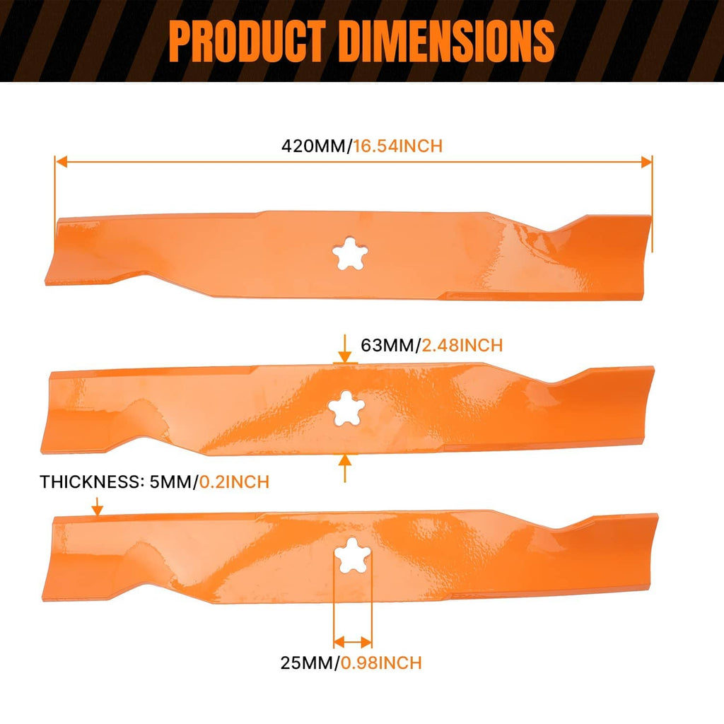 Orange mower blade dimension diagram with star mounting hole and thickness markings