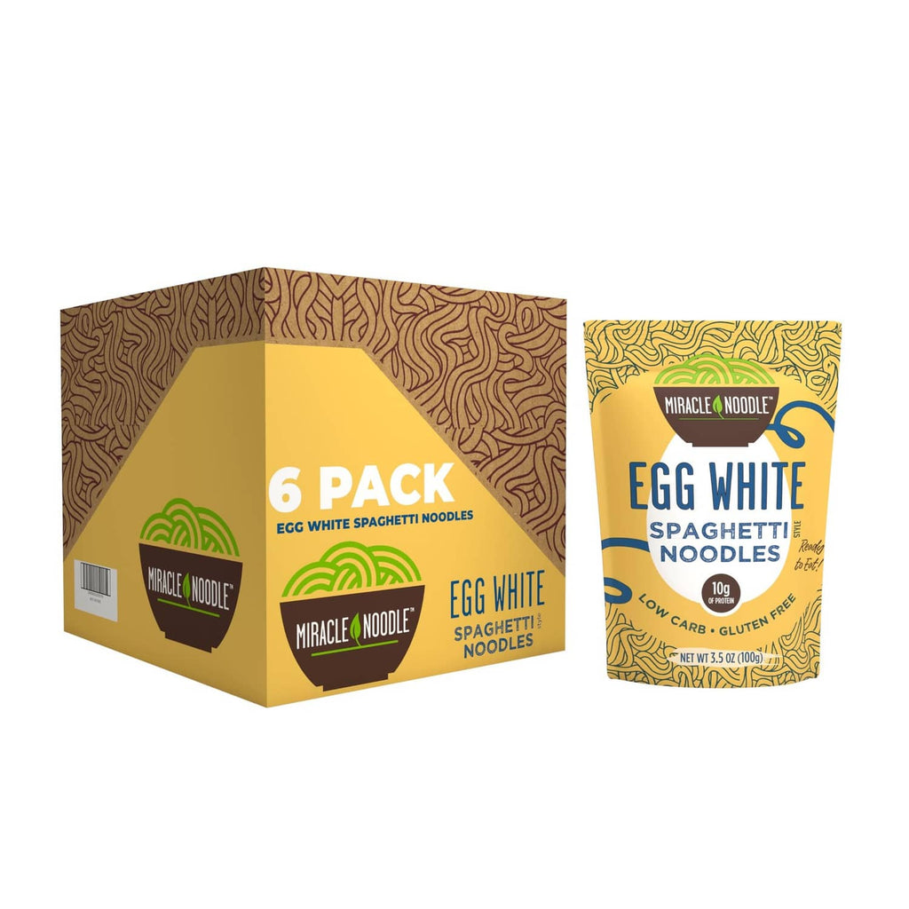 Miracle Noodle egg white spaghetti noodles 6-pack carton box, angled view