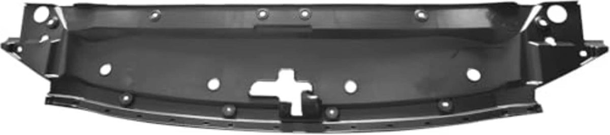 Black radiator support cover with front mounting brackets and rows of holes