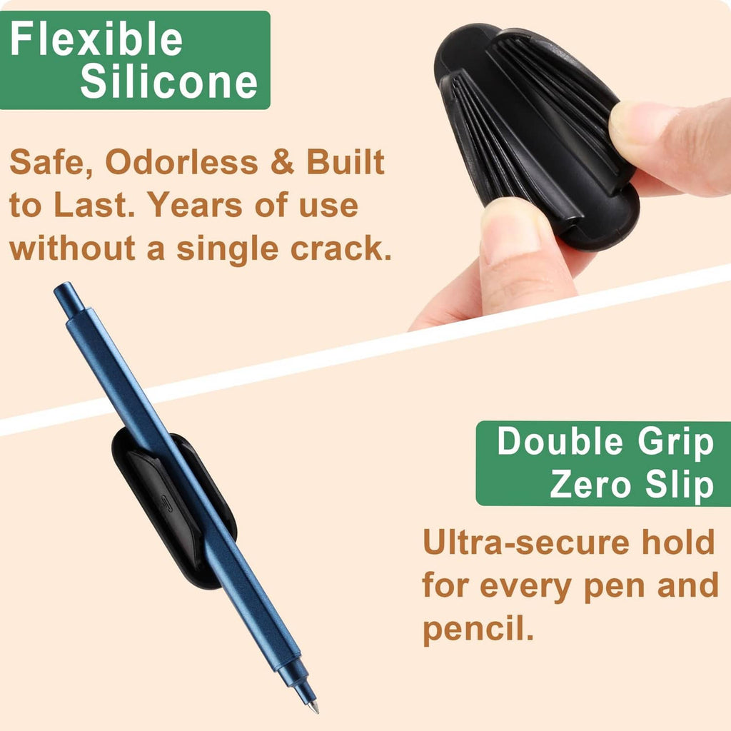 Black silicone adhesive pencil holder, flexible grip held in hand