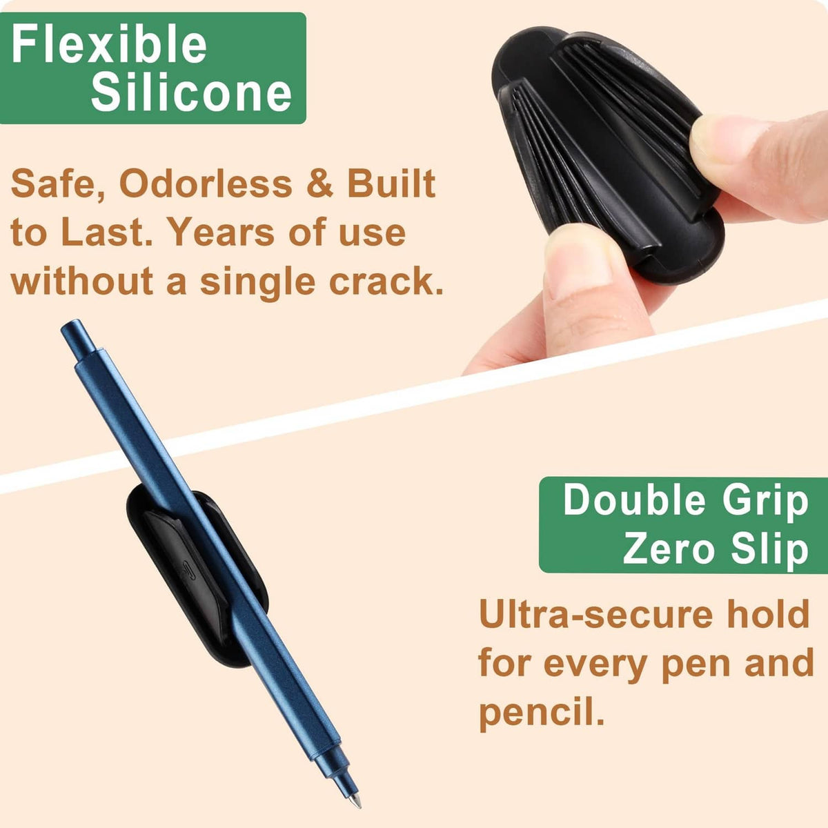 Black silicone adhesive pencil holder, flexible grip held in hand