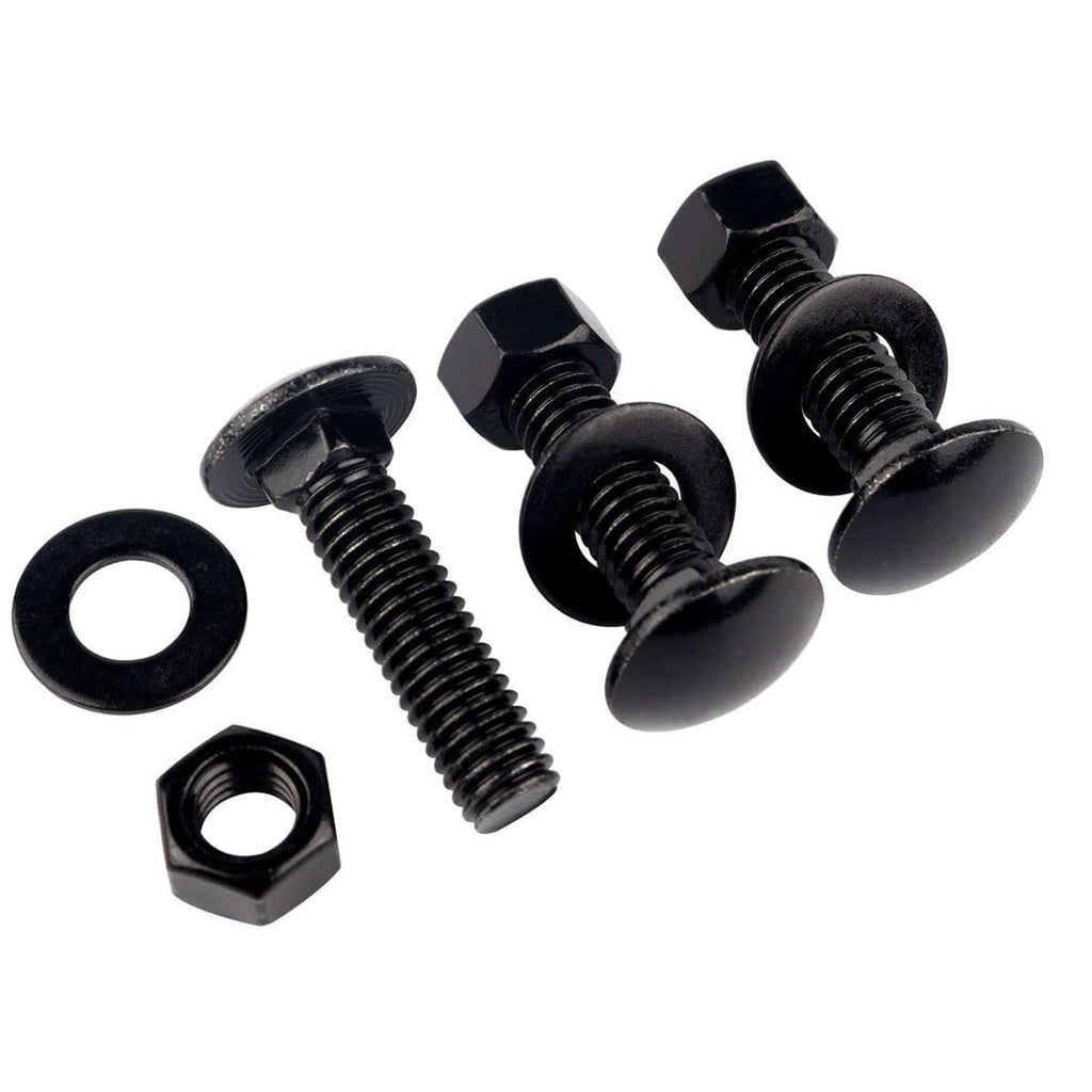 Black carriage bolts with washers and hex nuts, 4-piece hardware set