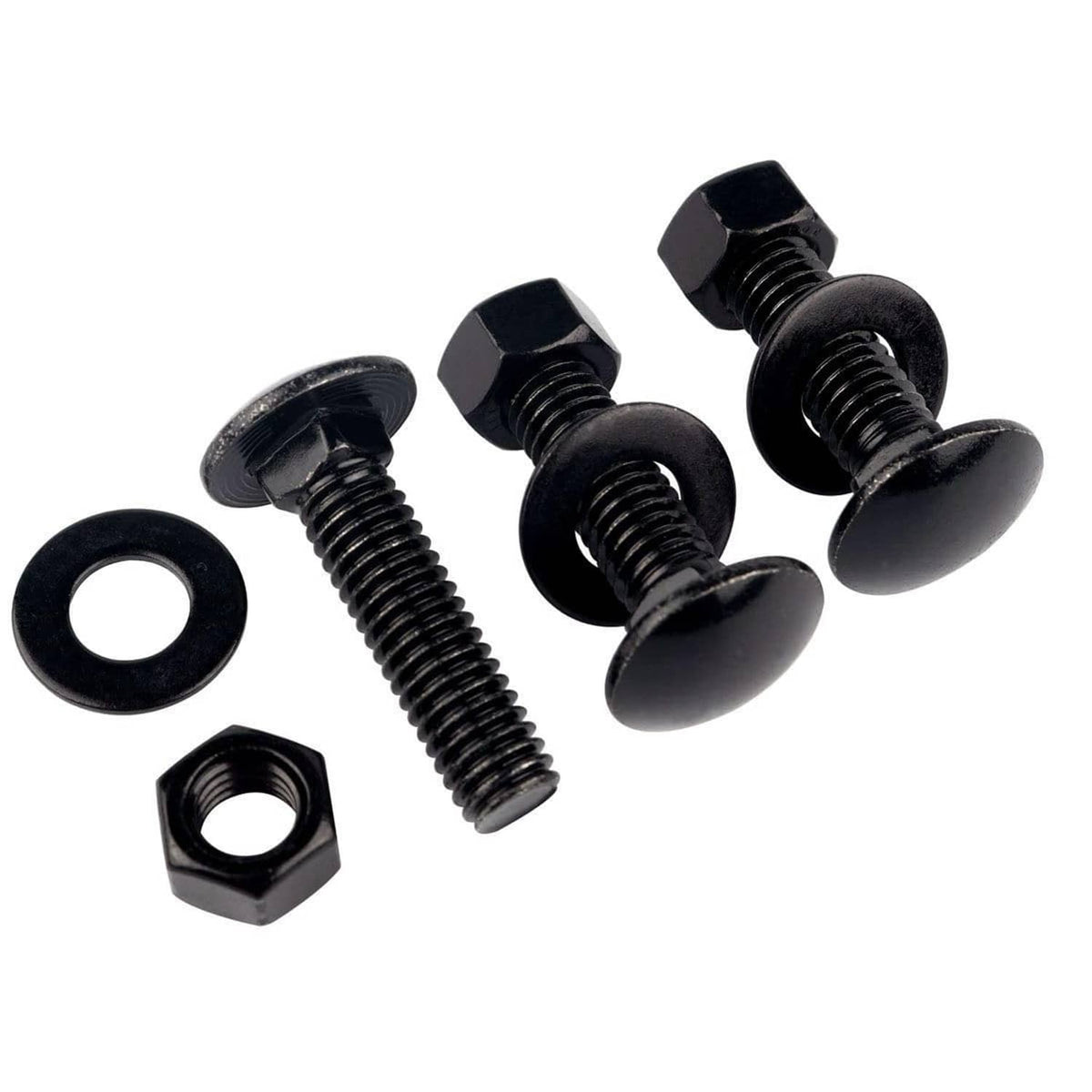 Black carriage bolts with washers and hex nuts, 4-piece hardware set
