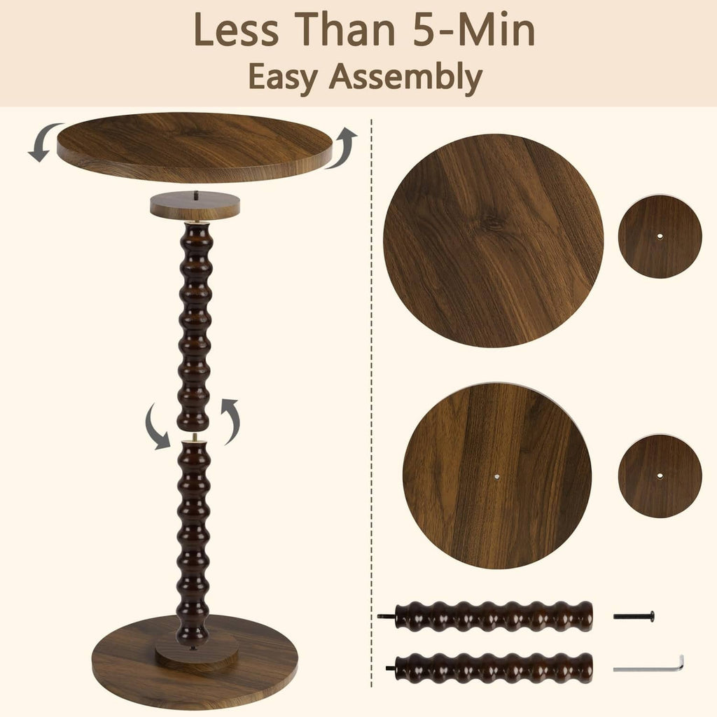 Rustic brown round side table with turned legs, shown with assembly hardware