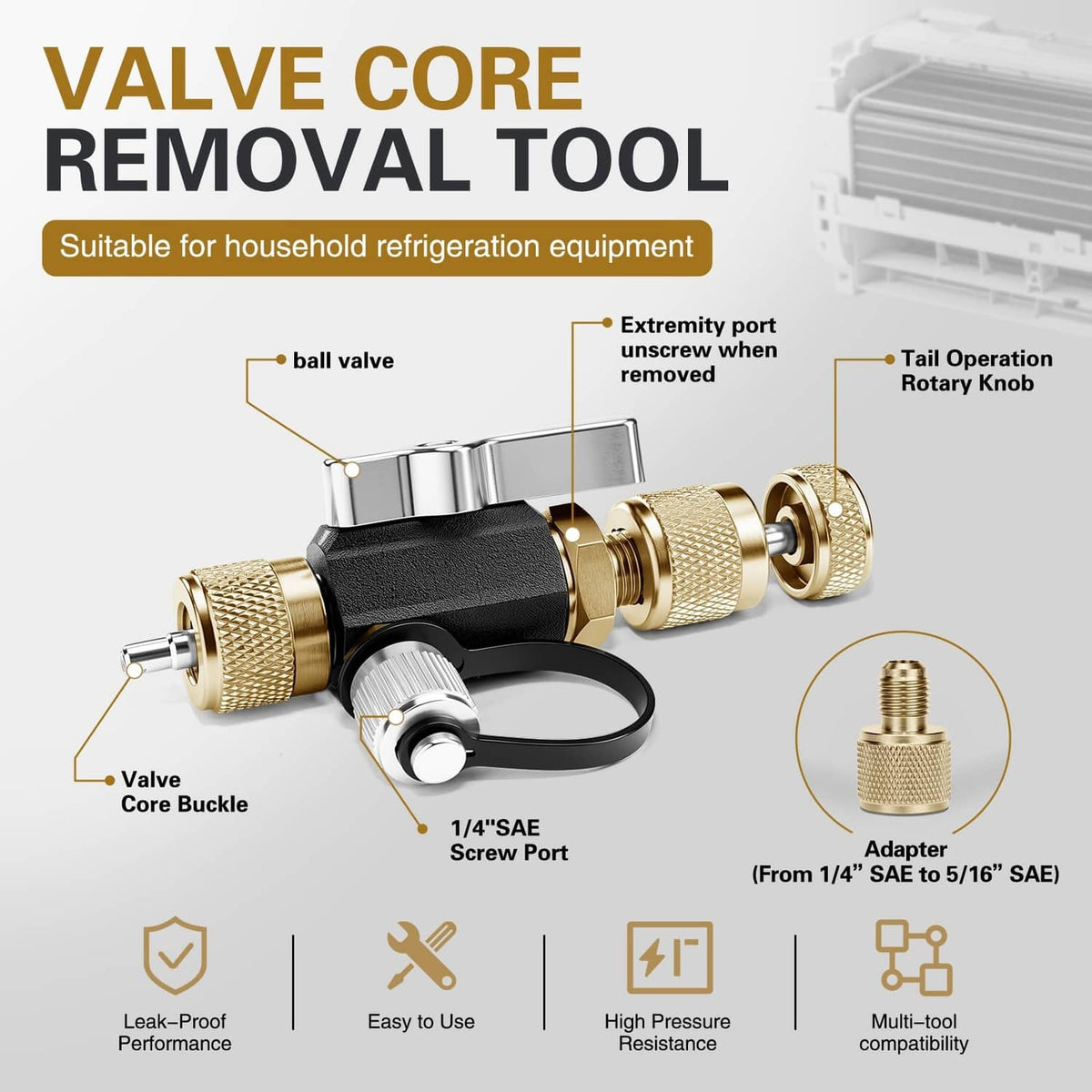 HVAC valve core removal tool with rotary knurled knob and brass adapter fitting