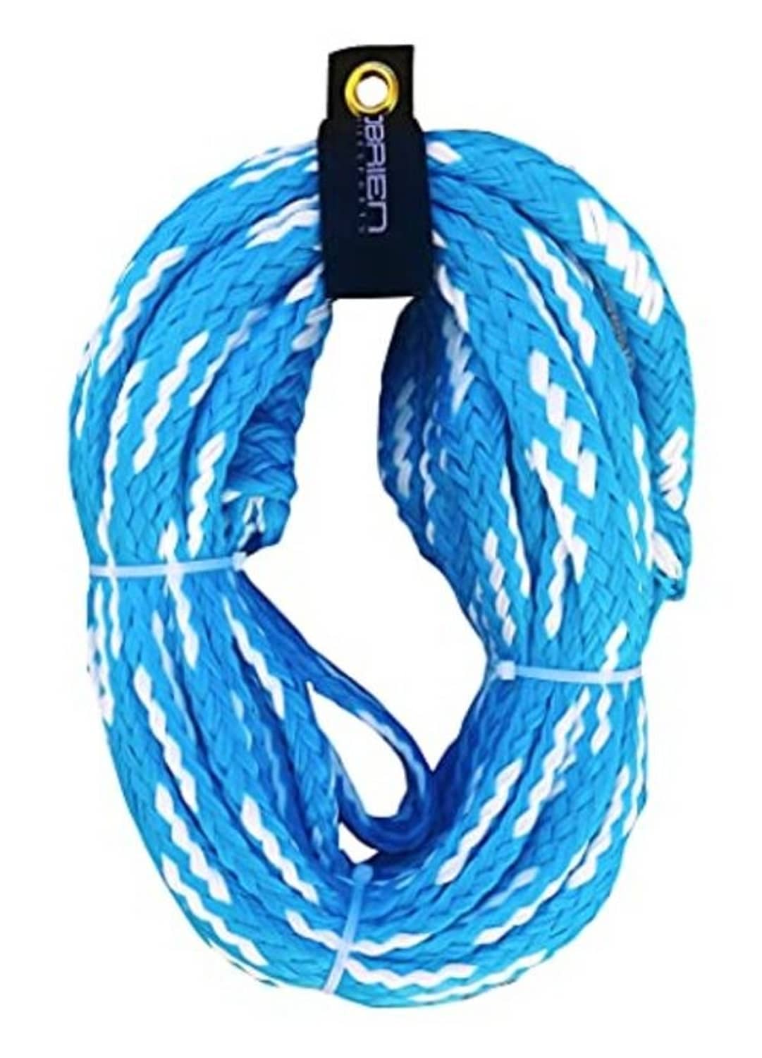 Blue braided tow rope coil with black strap and gold grommet