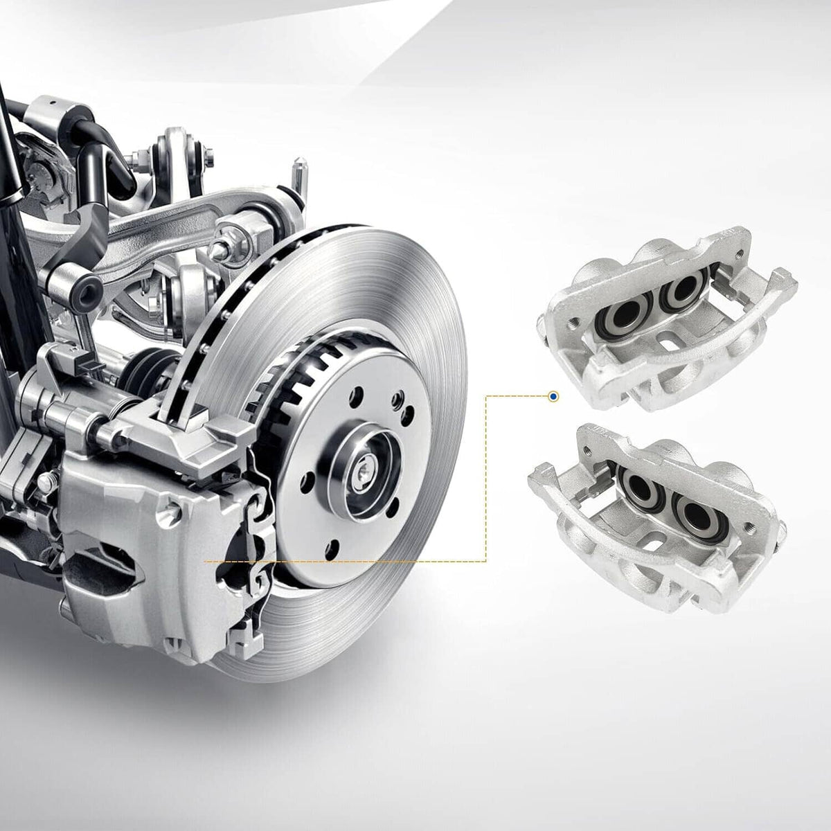 Front brake caliper and rotor assembly with silver caliper housing