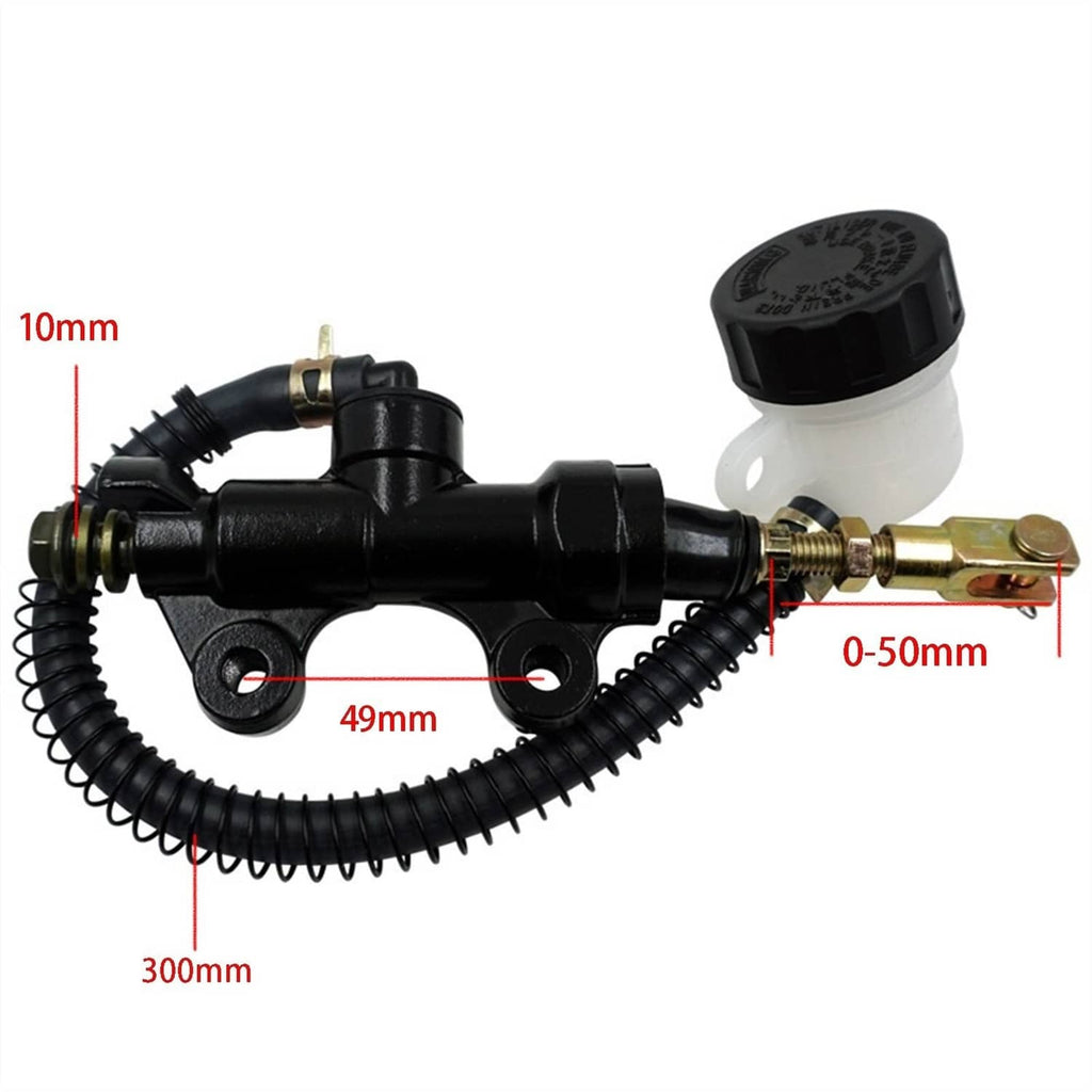 Rear brake master cylinder pump with dimension diagram on black assembly