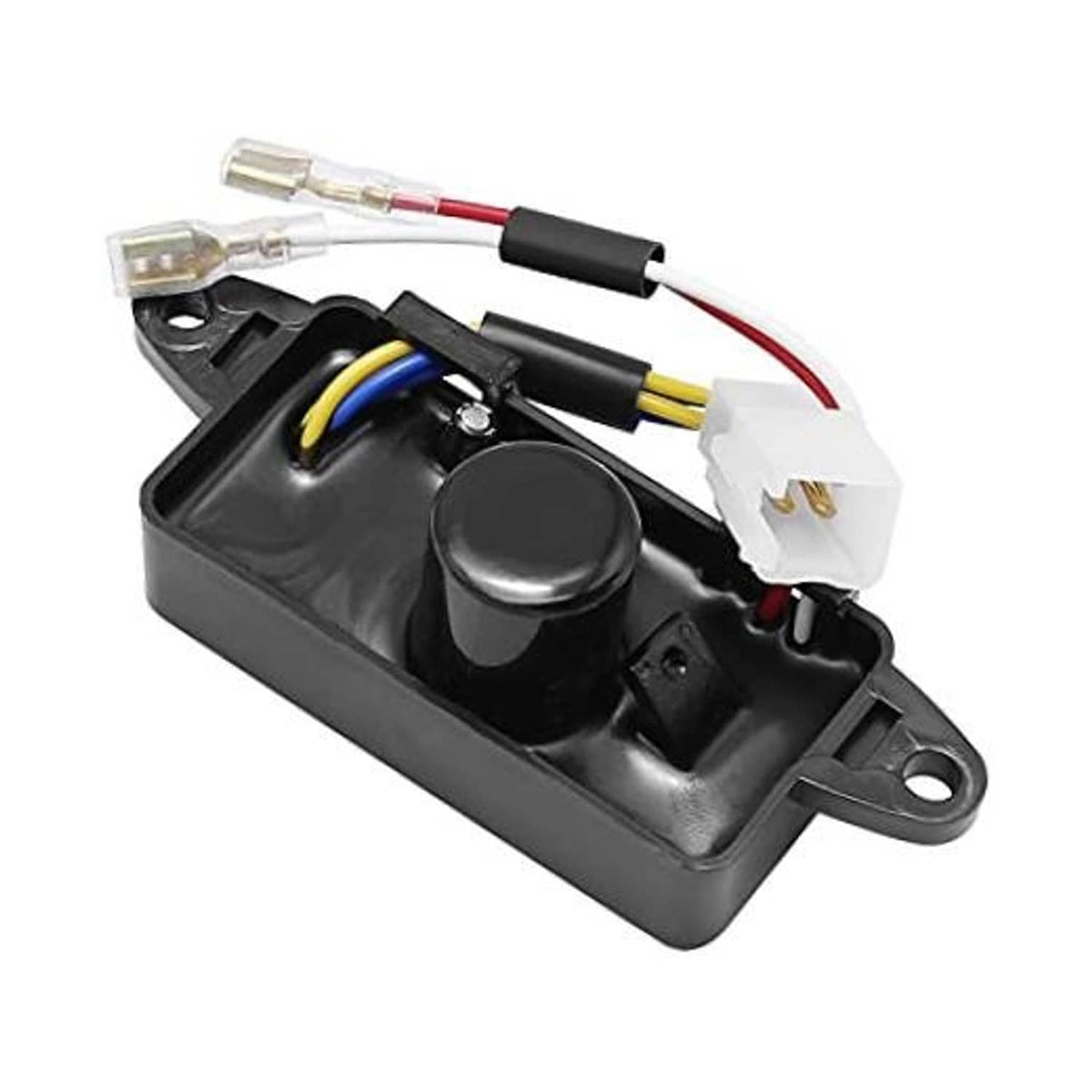 Voltage regulator module with black housing, round knob, and multicolor wire connectors