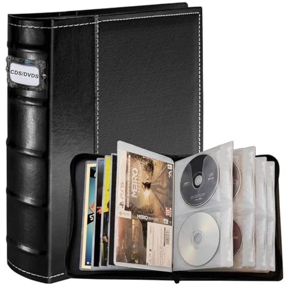 Black disc binder open, showing stacked sleeves with CDs and booklet pages inside