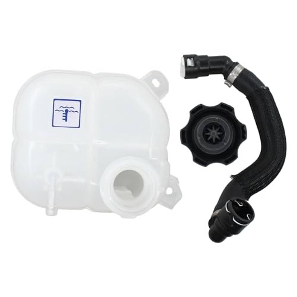 Coolant expansion tank with hose fittings and black cap, white reservoir