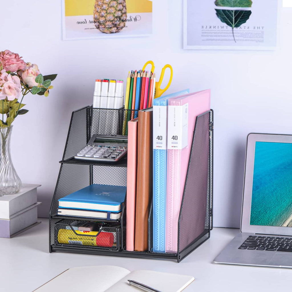 Black metal mesh two-tier file organizer with open front slots for papers