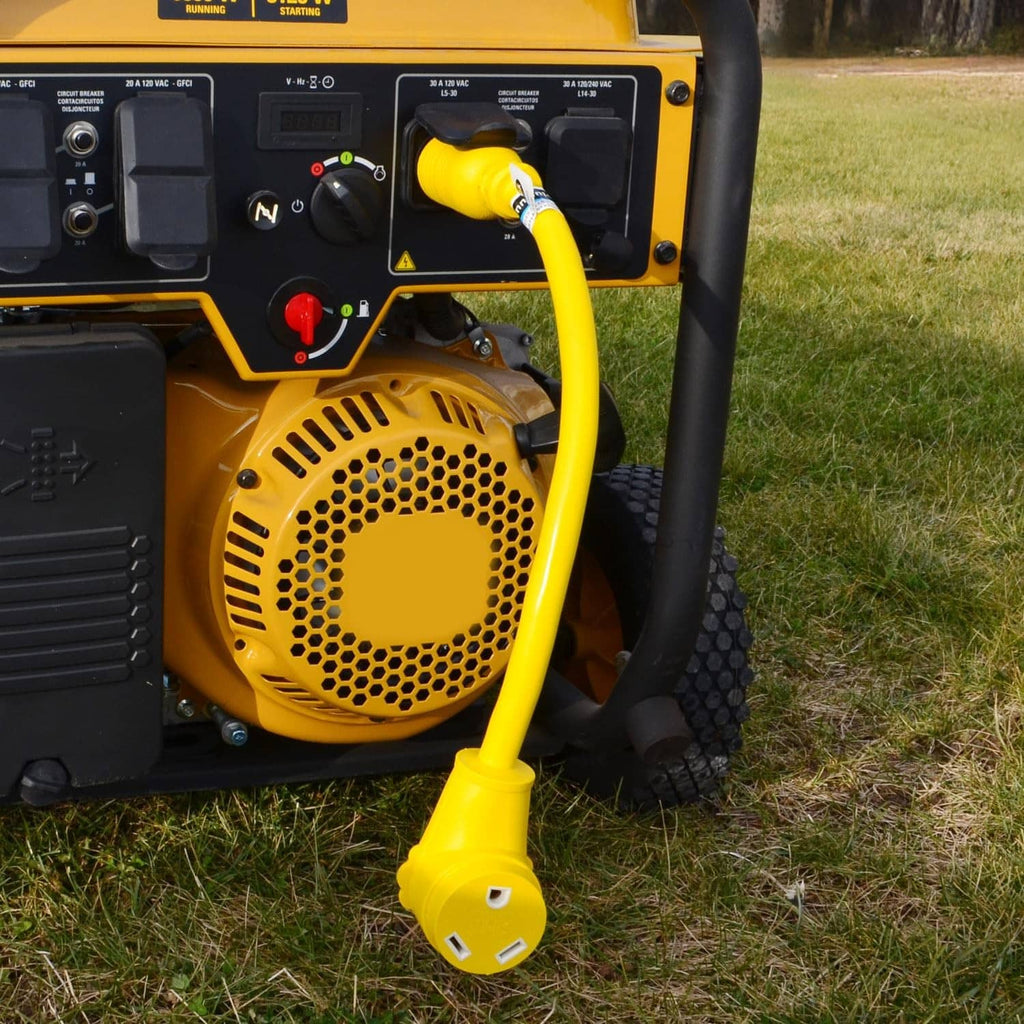 Yellow 30 Amp locking adapter plugged into generator outlet on grass