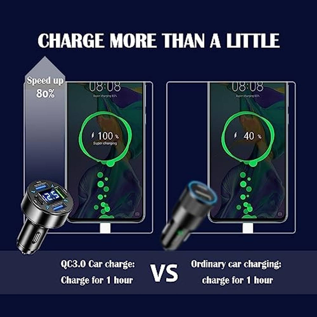 Car charger with LED voltmeter display, compact cylindrical plug with USB outlets