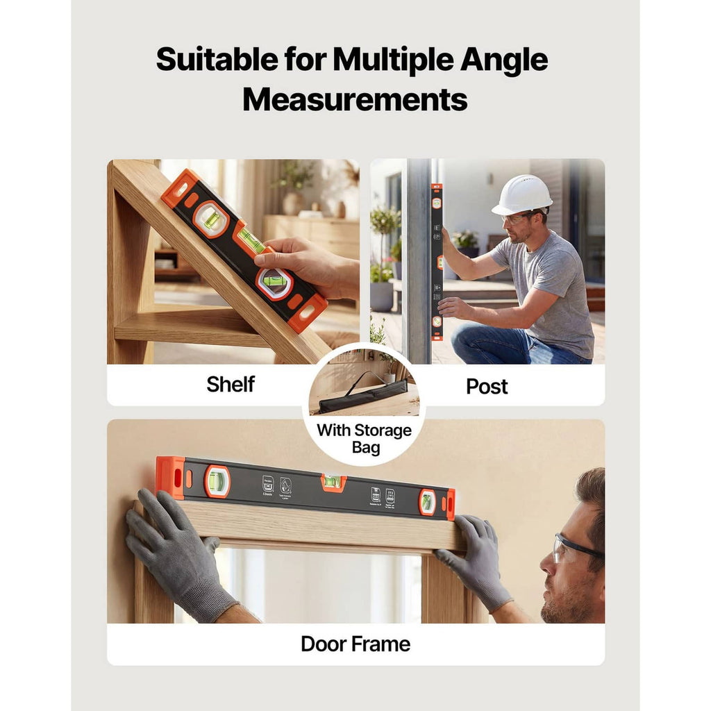 Black and orange torpedo level set with storage bag for multiple angles