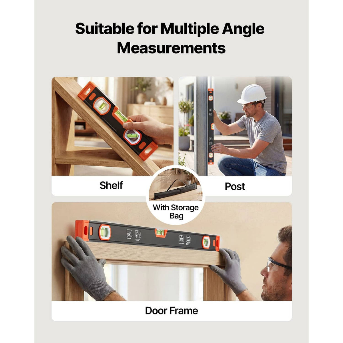 Black and orange torpedo level set with storage bag for multiple angles