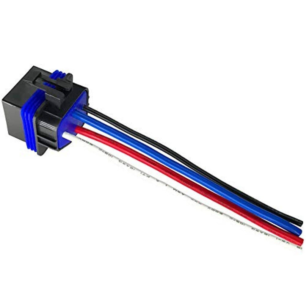 4-pin relay connector with blue and red insulated wires and black housing