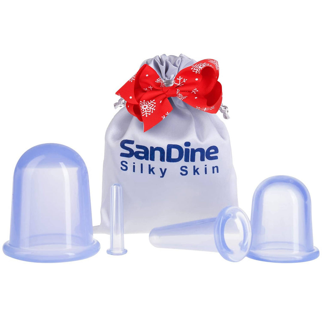 SanDine silicone face cupping set with three blue suction cups and clear tubes in pouch