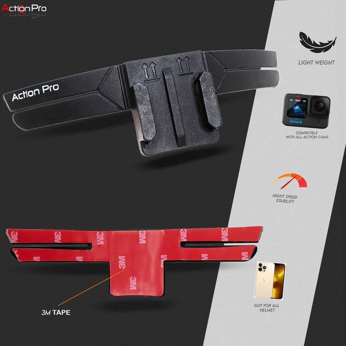 Action Pro black helmet chin mount strap with flexible band and two mounting clips
