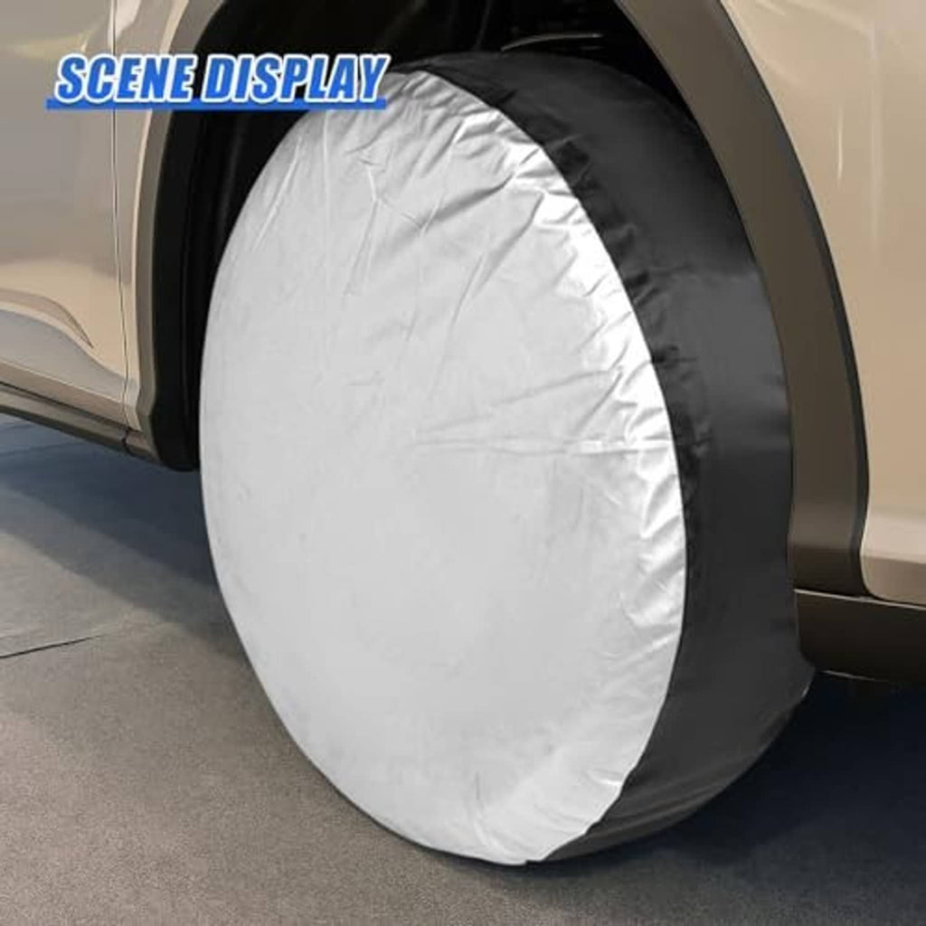 Round tire cover bag on vehicle rear, black and white fabric with loop handle