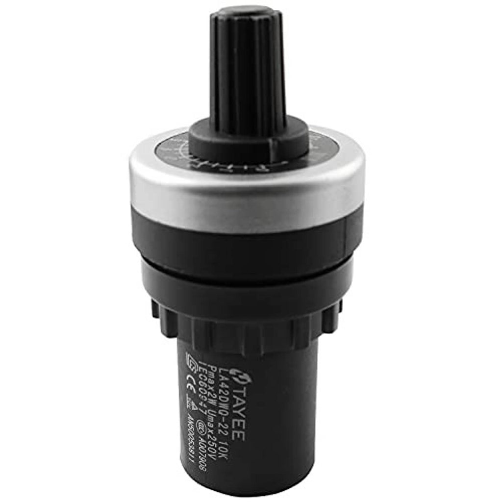 Rotary potentiometer with black shaft, silver top ring, and engraved black housing