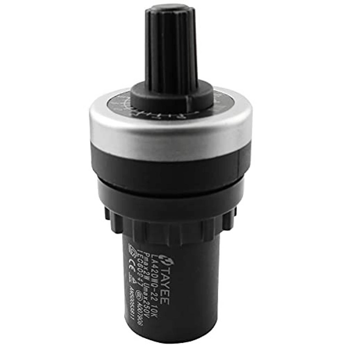Rotary potentiometer with black shaft, silver top ring, and engraved black housing