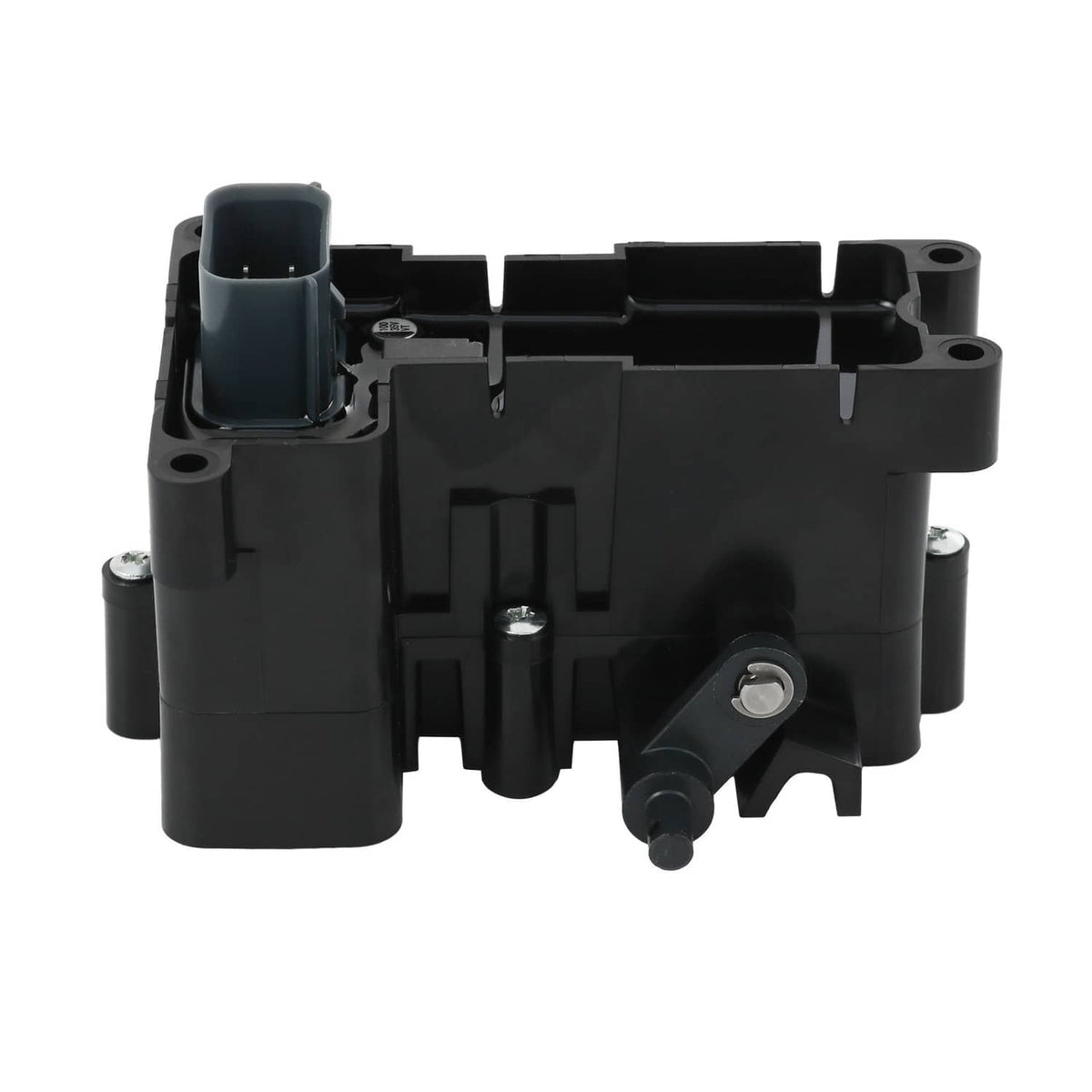 Brake control module rear view, black plastic case with side and bottom ports