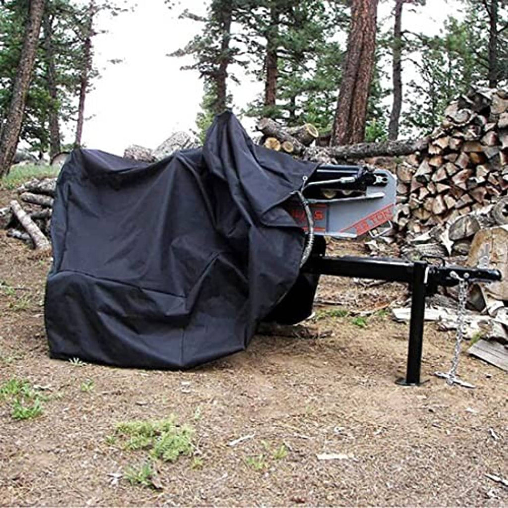 Outdoor waterproof black log splitter cover covering the splitter unit