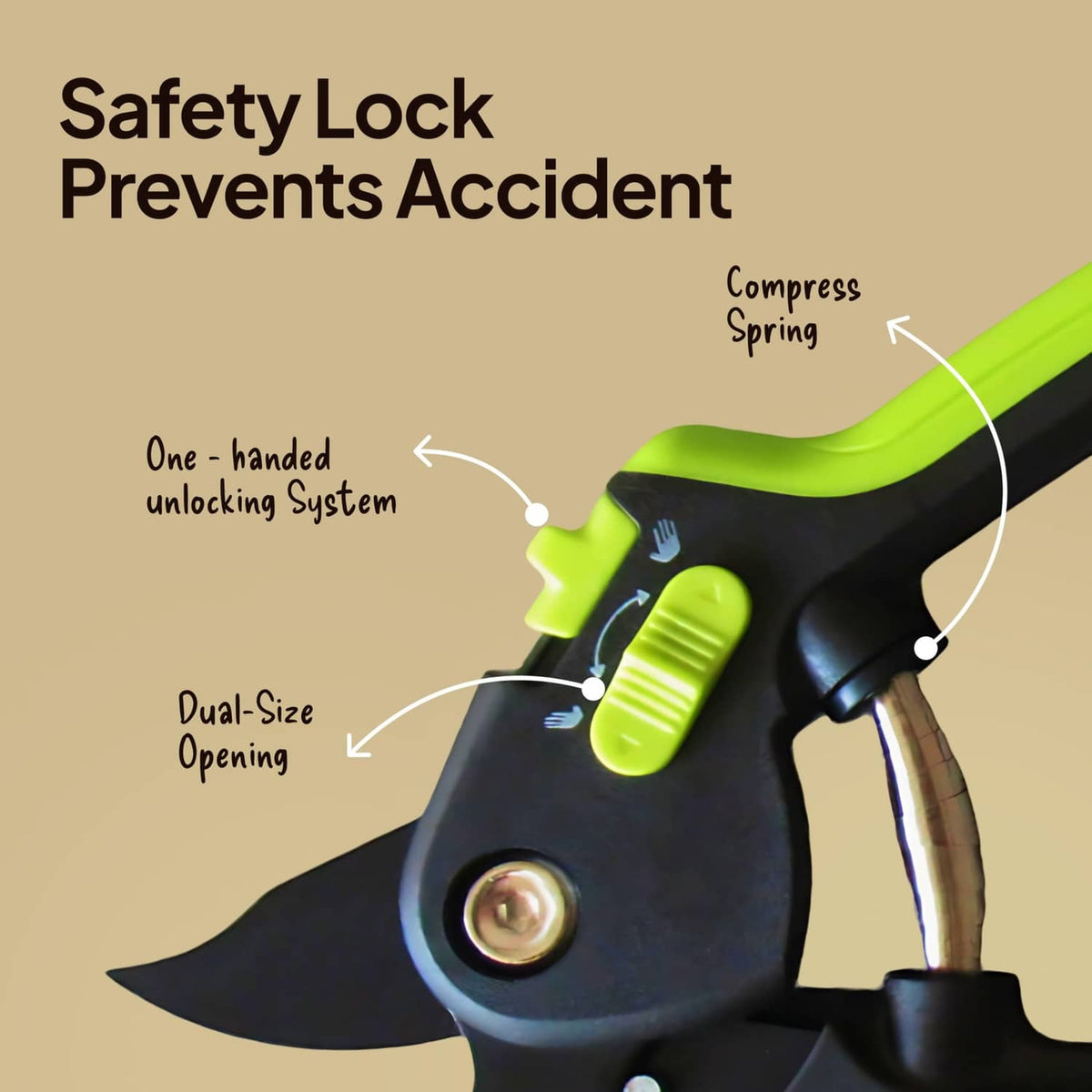 Bypass pruning shears safety lock diagram showing one-handed unlocking system