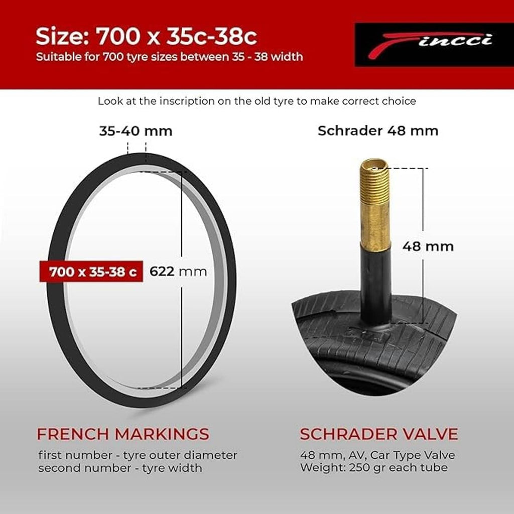 Size and valve diagram for 700x35–38c bicycle inner tube with 48mm Schrader valve