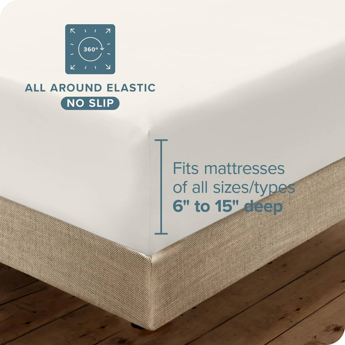 Cream microfiber fitted sheet corner with elastic skirt for secure bed coverage