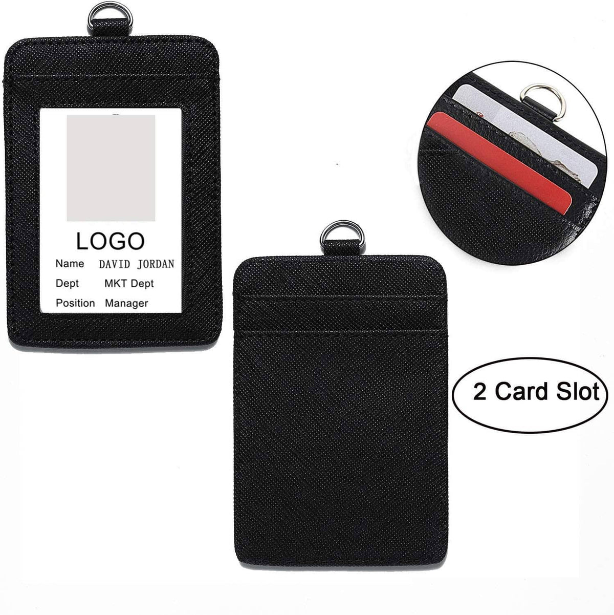 Black badge holders with 2-card slot window and top loop, detachable straps