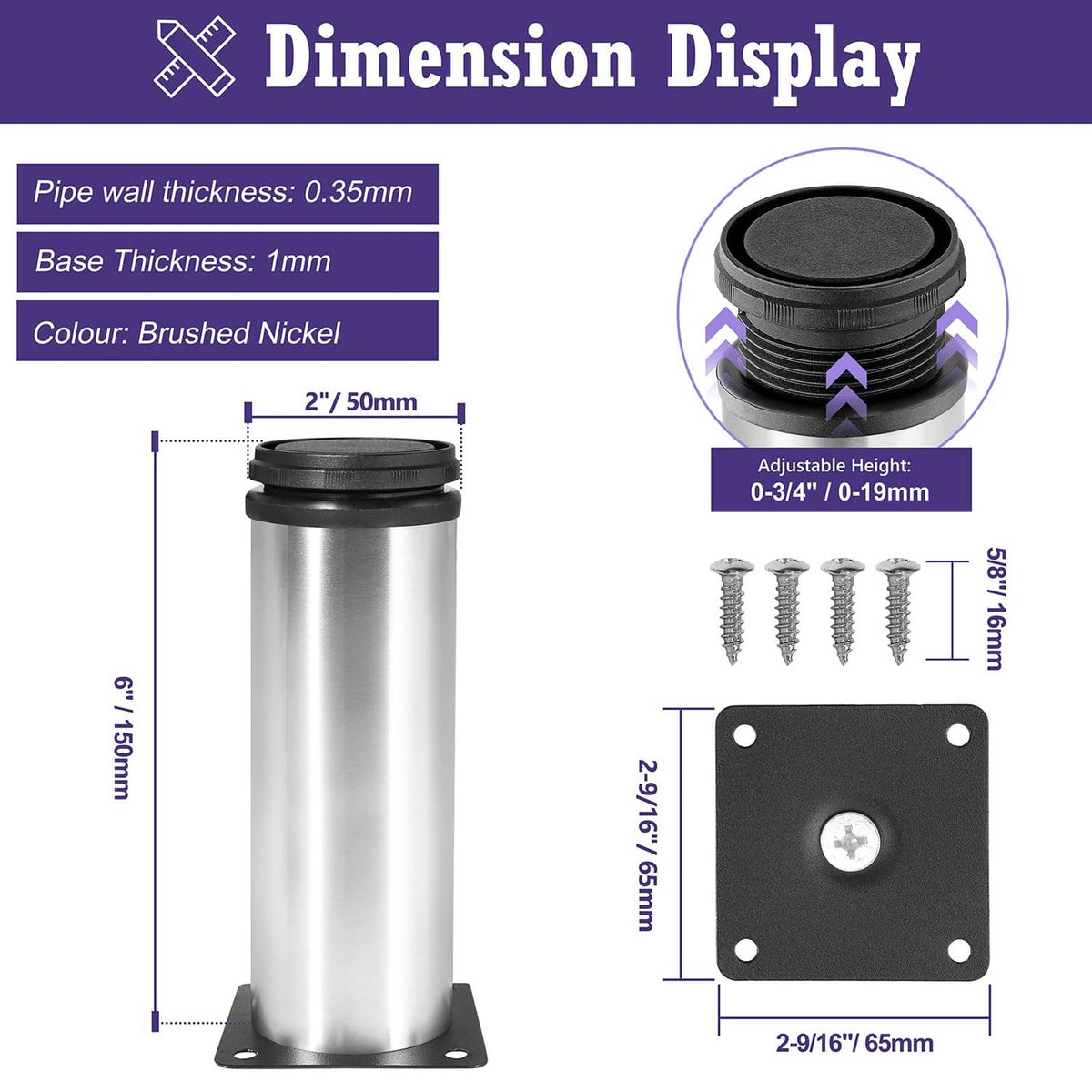 Single stainless steel furniture leg with black rubber base and square mounting plate