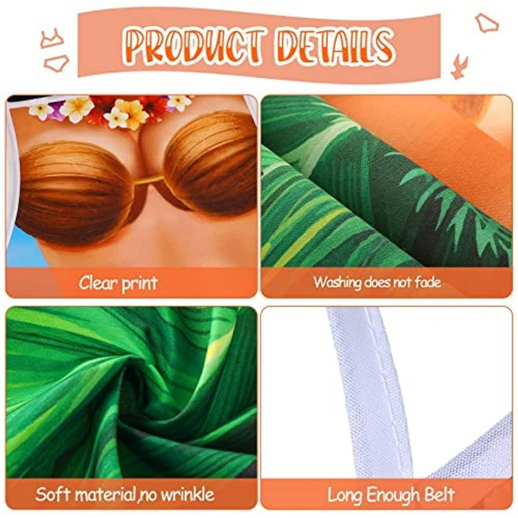 Hawaiian apron fabric detail: green leaf pattern with flower garland print and long white ties