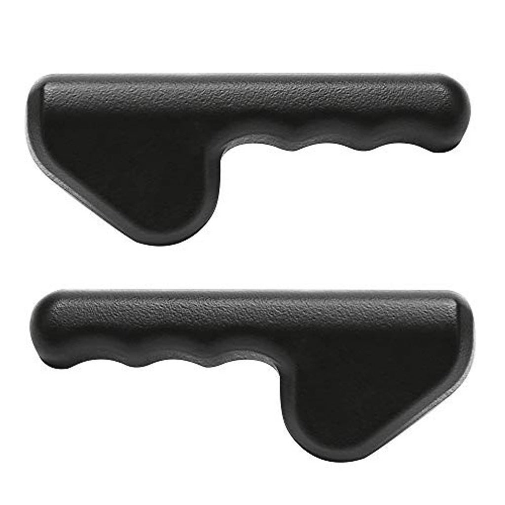 Two black textured seat adjuster handles with curved grip and contoured base
