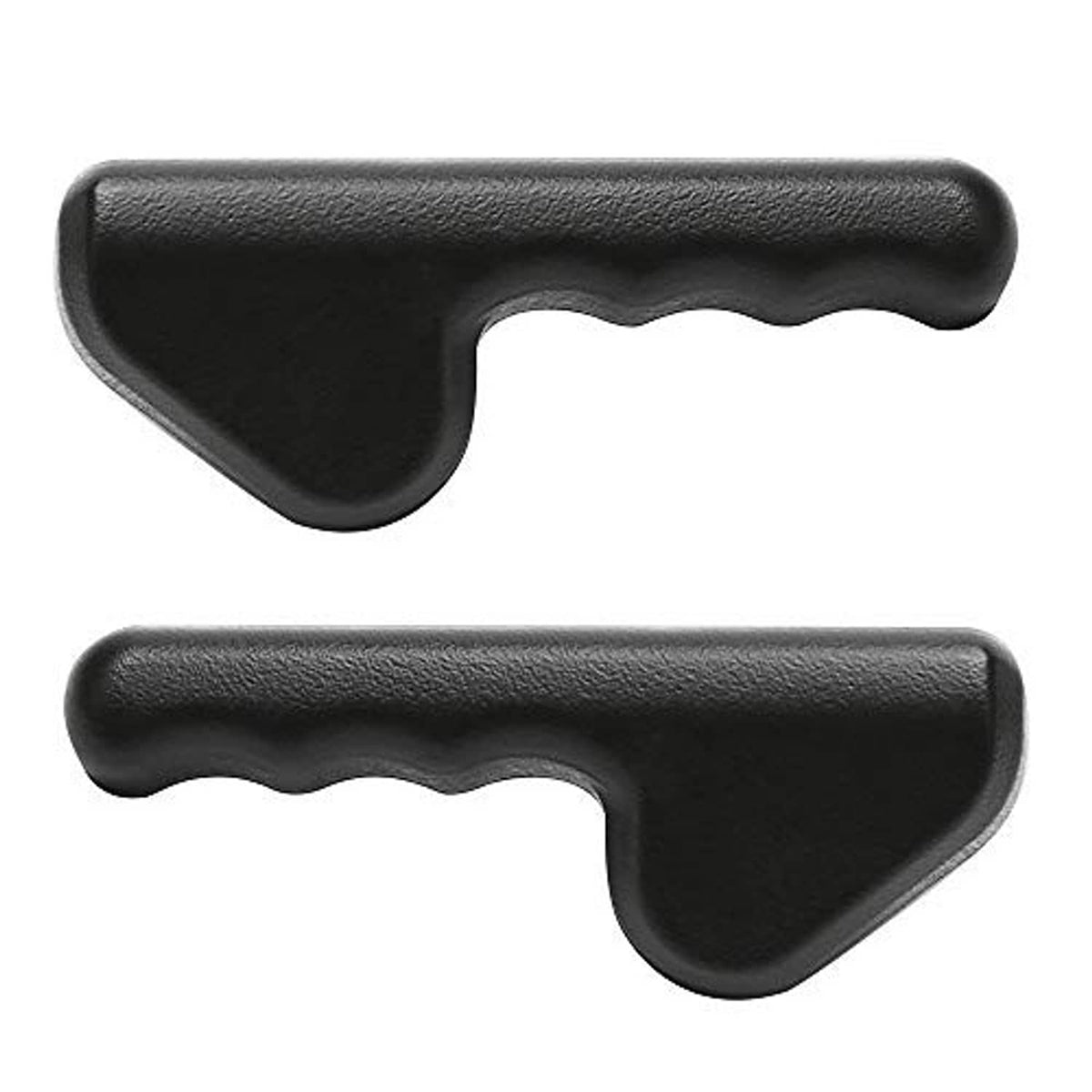 Two black textured seat adjuster handles with curved grip and contoured base