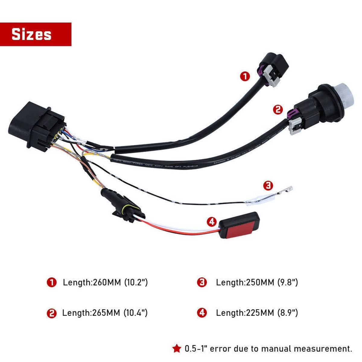 Projector headlight conversion wire harness with four inline connectors and bundled cables