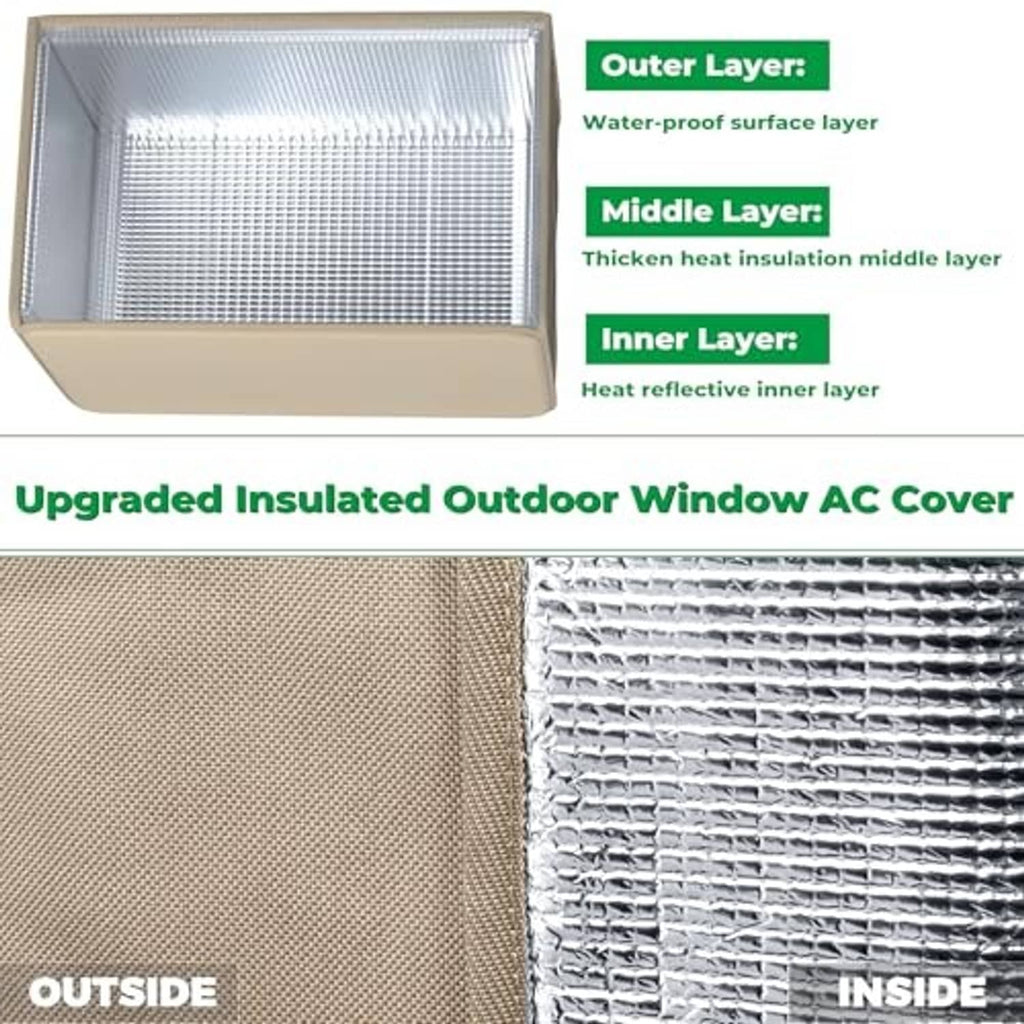 Beige insulated AC cover with layered construction and water-resistant outer layer.