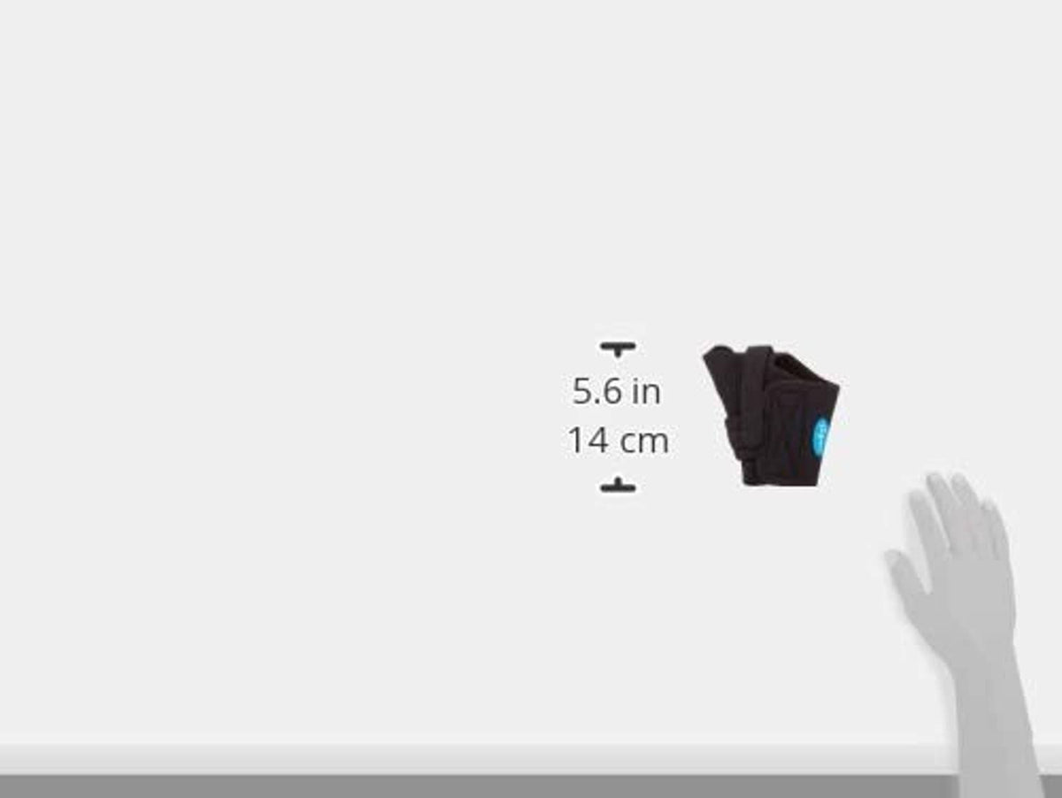 Thumb splint size guide showing 5.6 in (14 cm) width on hand
