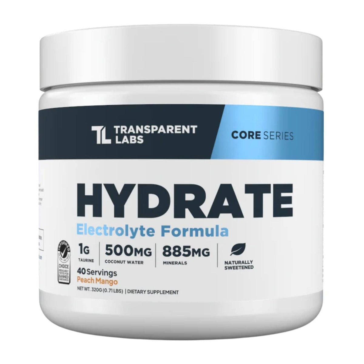 Hydrate electrolyte supplement tub, white with blue label and “HYDRATE” front