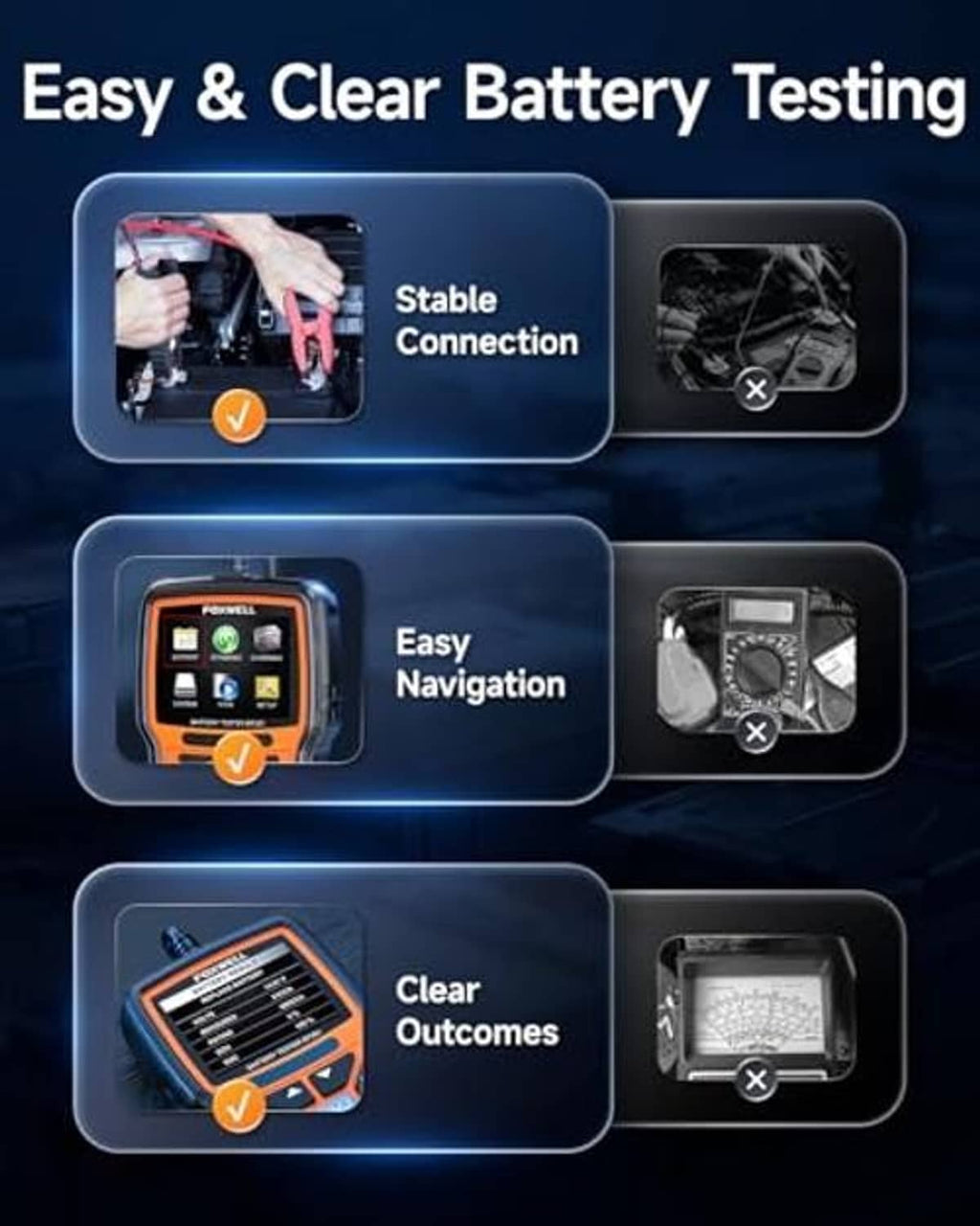 Battery tester with orange housing, LCD screen, and control buttons for easy testing