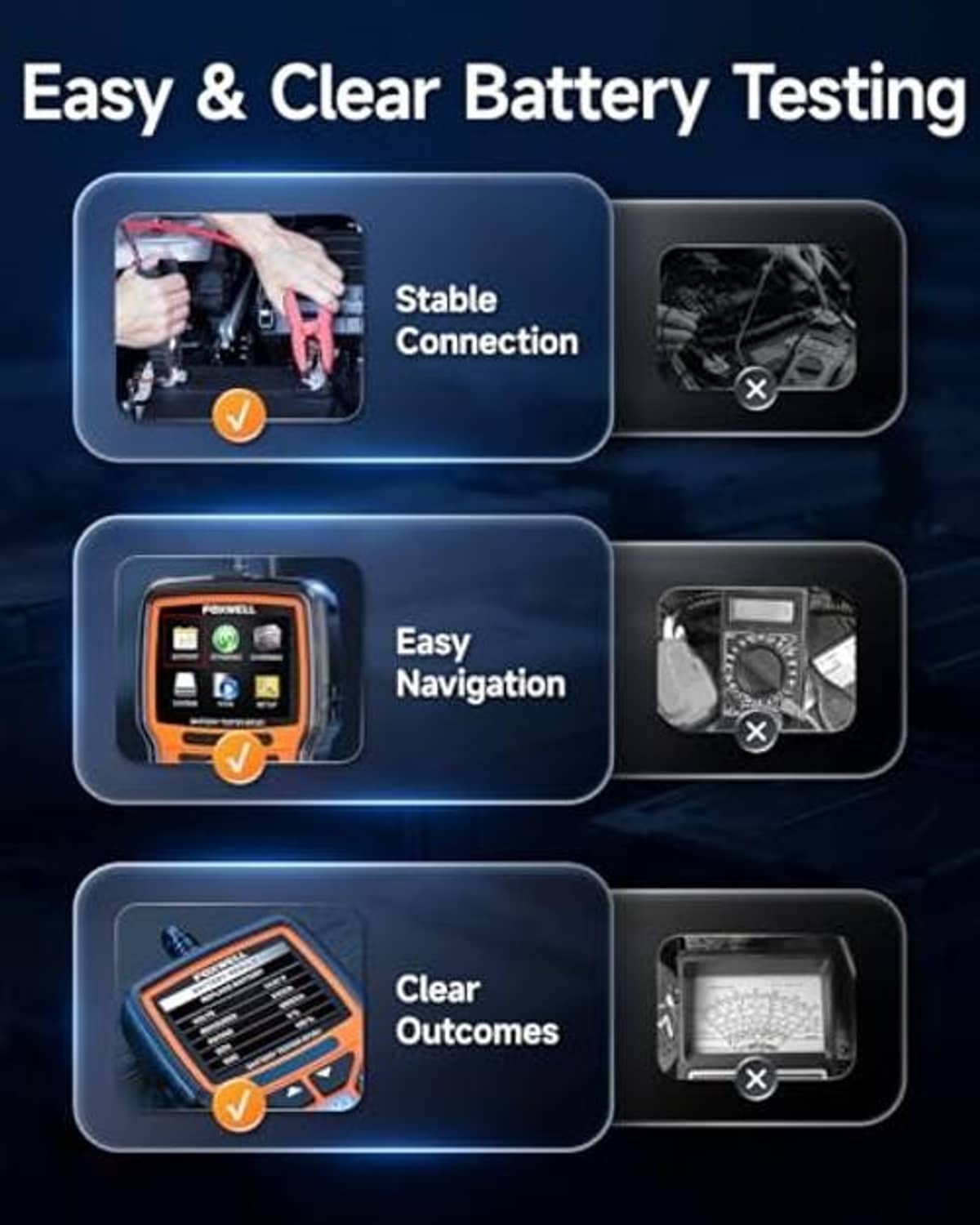 Battery tester with orange housing, LCD screen, and control buttons for easy testing
