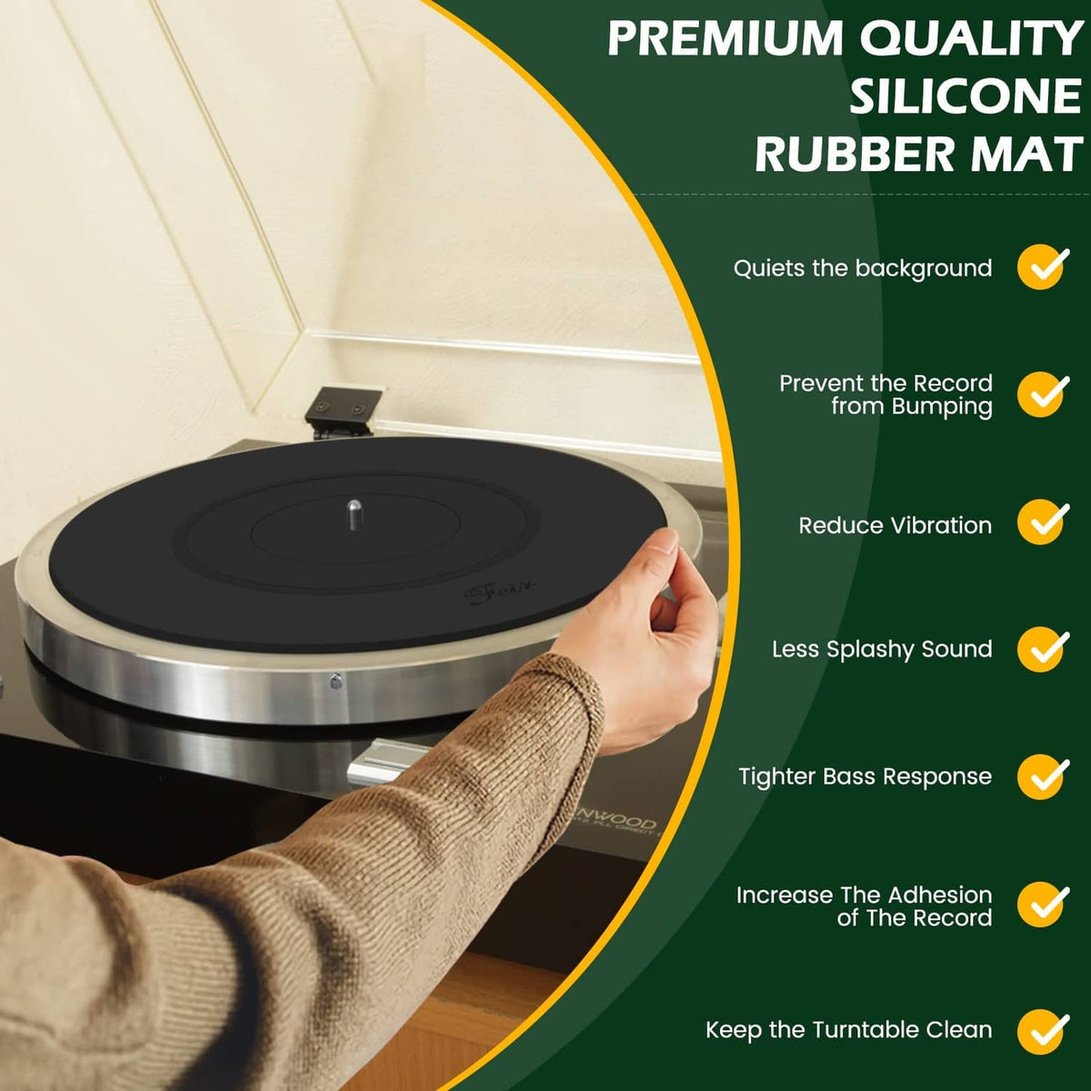 Black turntable platter mat on record player platter, with center hole