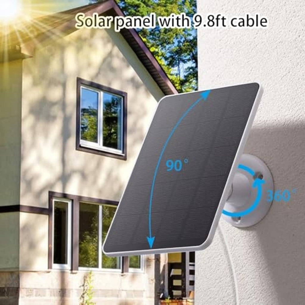 Dark solar panel with white camera holder and 9.8 ft cable mounted on exterior wall
