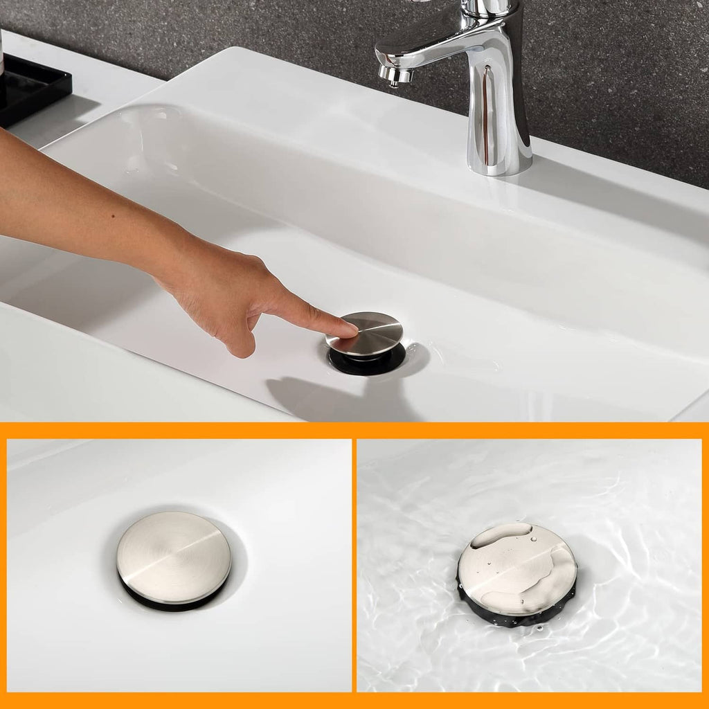 Vessel sink pop-up drain top and black body, shown mounted in a sink drain hole